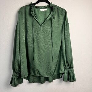 New Directions Womens Forest Green Leopard Satin Ruffle Tie Neck Blouse Medium